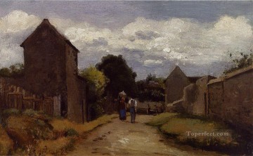 カミーユ・ピサロ Painting - 田園地帯を横切る小道を歩く農民の男女 カミーユ・ピサロ